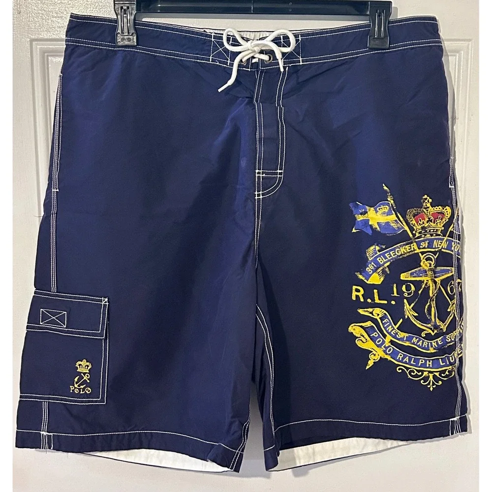 Polo Ralph Lauren Mens Navy Blue Nautical Crest Board Shorts Swim Trunks XXL